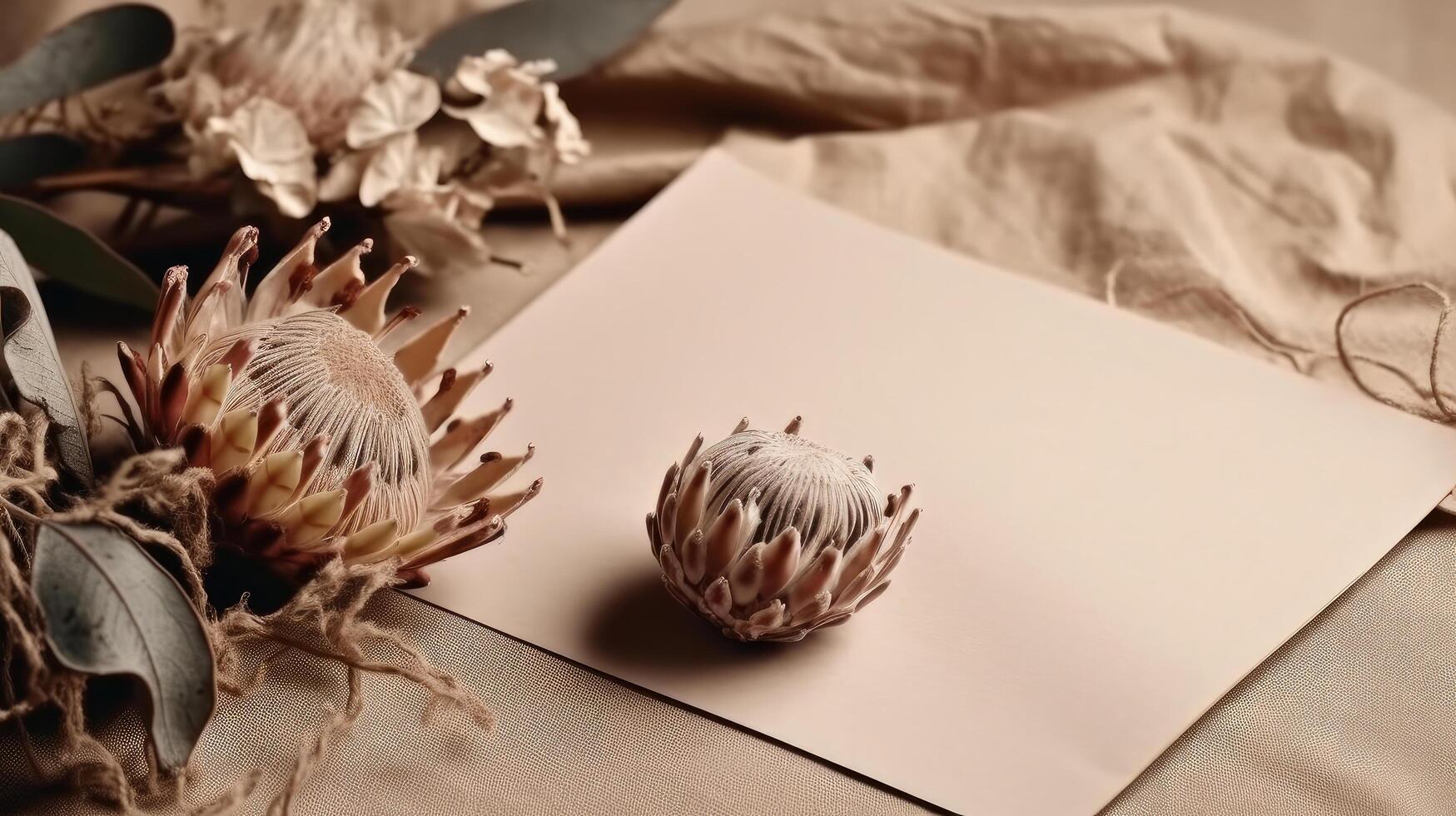 torkades protea blomma med tom papper kort. lyx bakgrund. illustration ai generativ foto