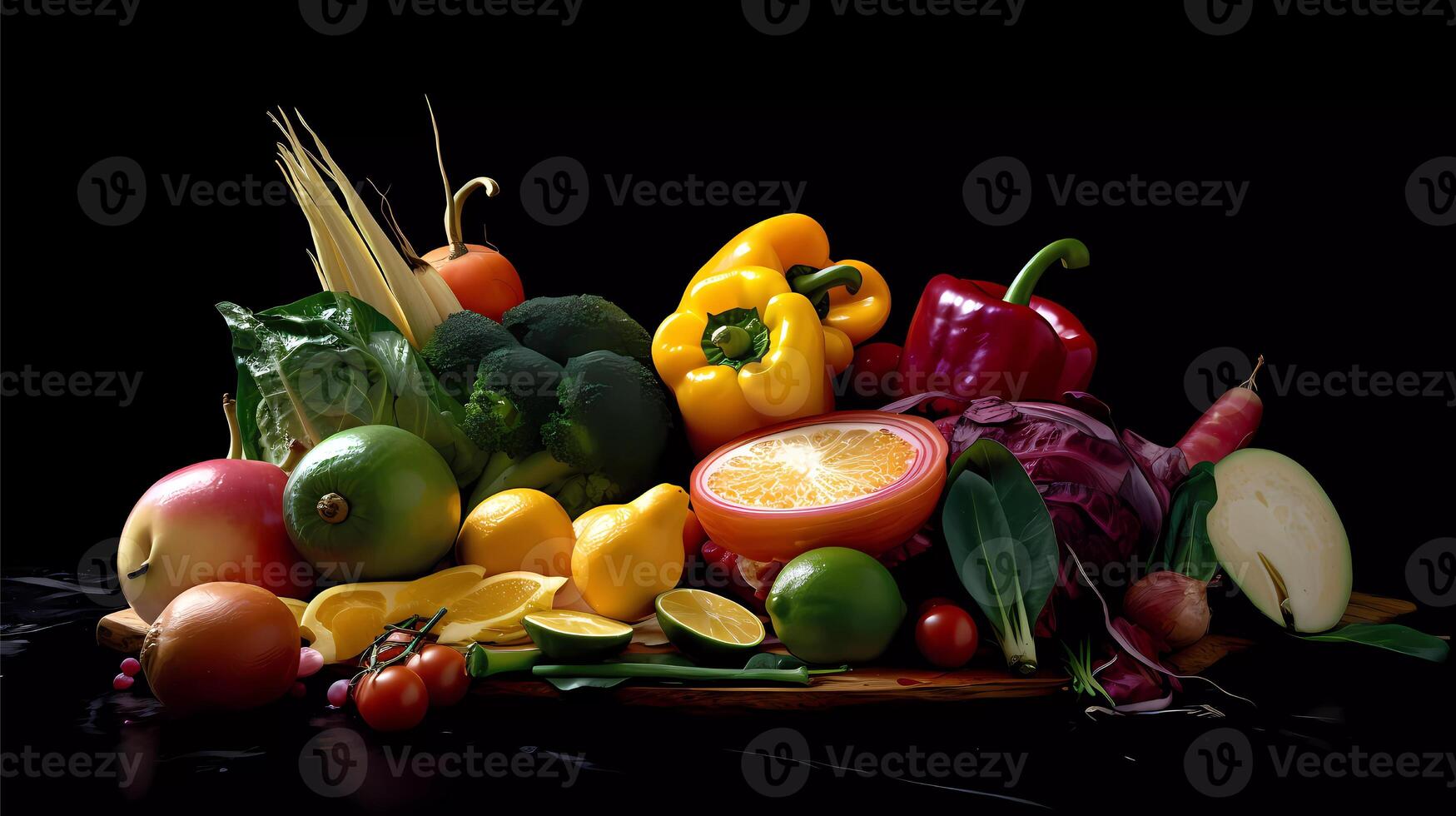 hälsa mat för kondition begrepp med immun öka egenskaper med frukt, grönsaker, örter, krydda, korn, och pulser. hög i antocyaniner, antioxidanter, smart kolhydrater, vitaminer generativ ai foto