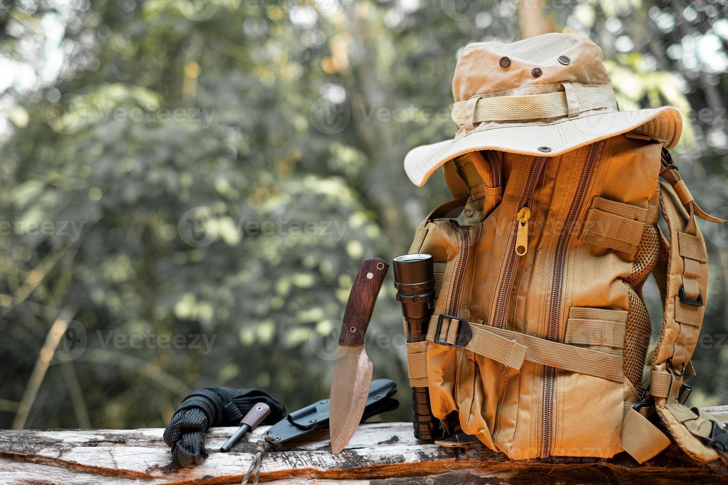 Utrustning för överlevnad hink hatt ryggsäck vandring kniv camping ficklampa vilar på trä- timmer i de bakgrund är en skog foto