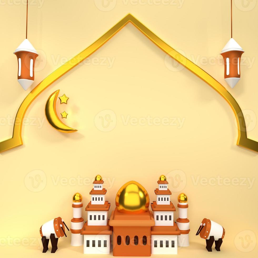 fyrkant form. 3d framställa moské guld och moské trumma. 3d lykta med tom inskrift för social media, flygblad, baner. eid al-fitr foto