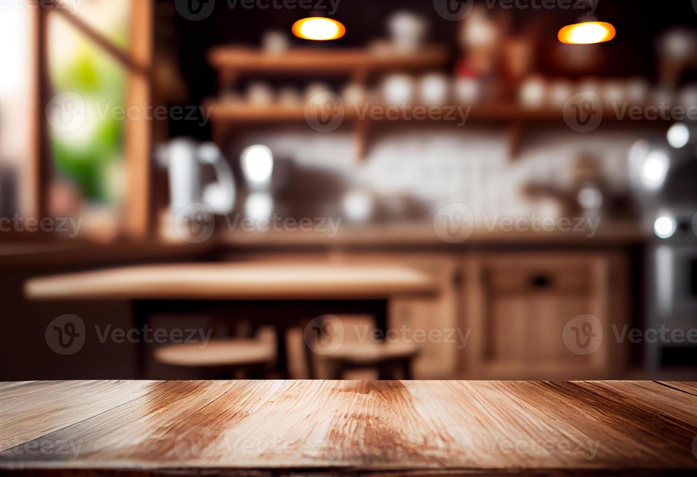 tömma trä- tabell och suddig bakgrund av kaffe affär eller restaurang. för produkt visa foto