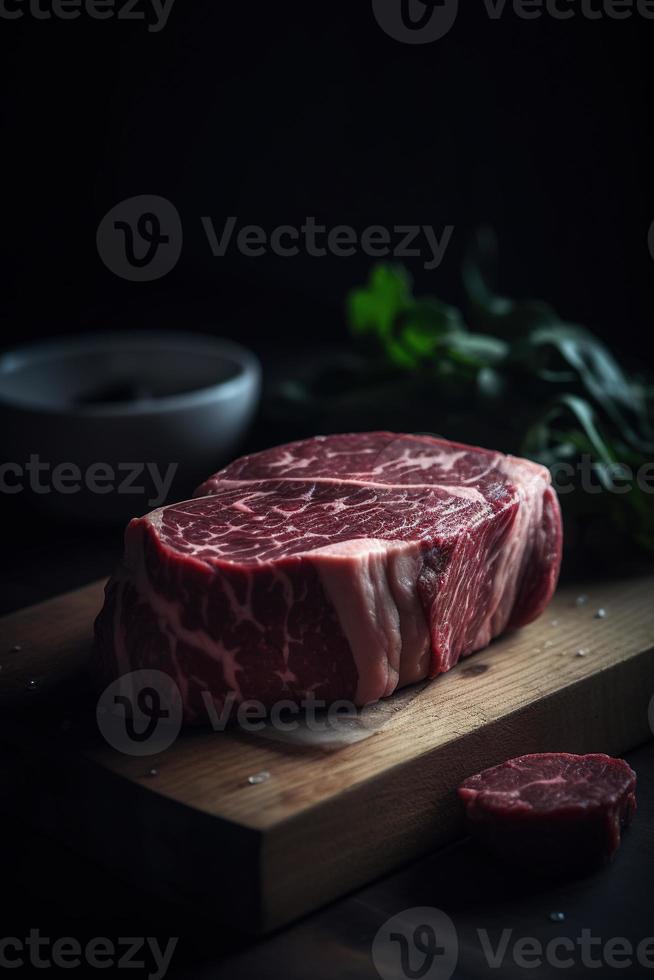 rå nötkött biff på skärande styrelse med örter och kryddor på trä- bakgrund foto