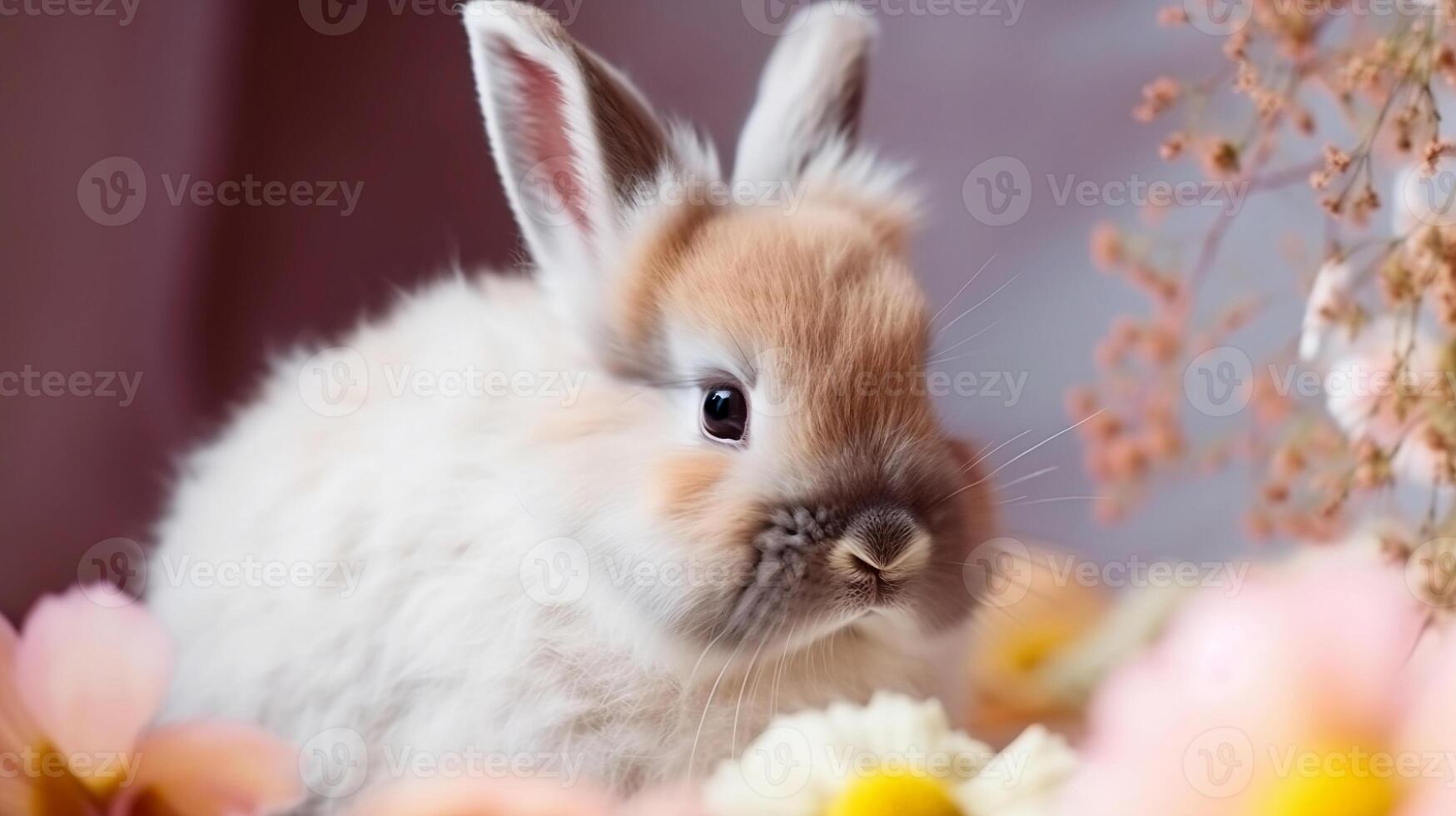 ai genererad söt fluffig vit påsk kanin kanin bland vår rosa blomning blommor Semester hälsning kort kopia Plats generativ ai foto