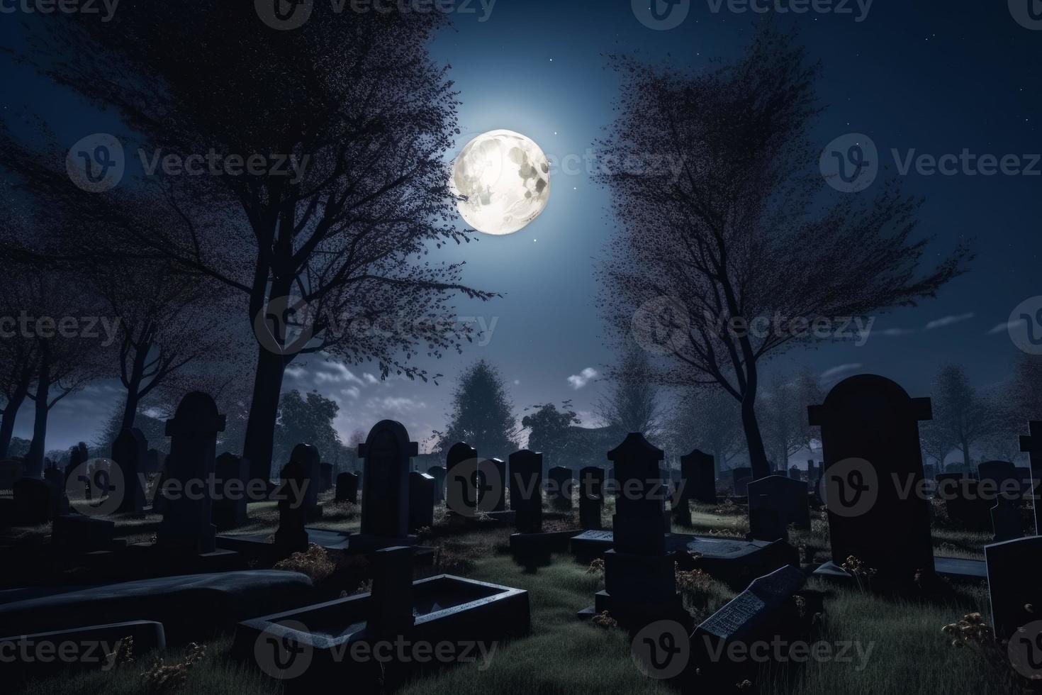 mörk kyrkogård på en månljus natt. generera ai foto