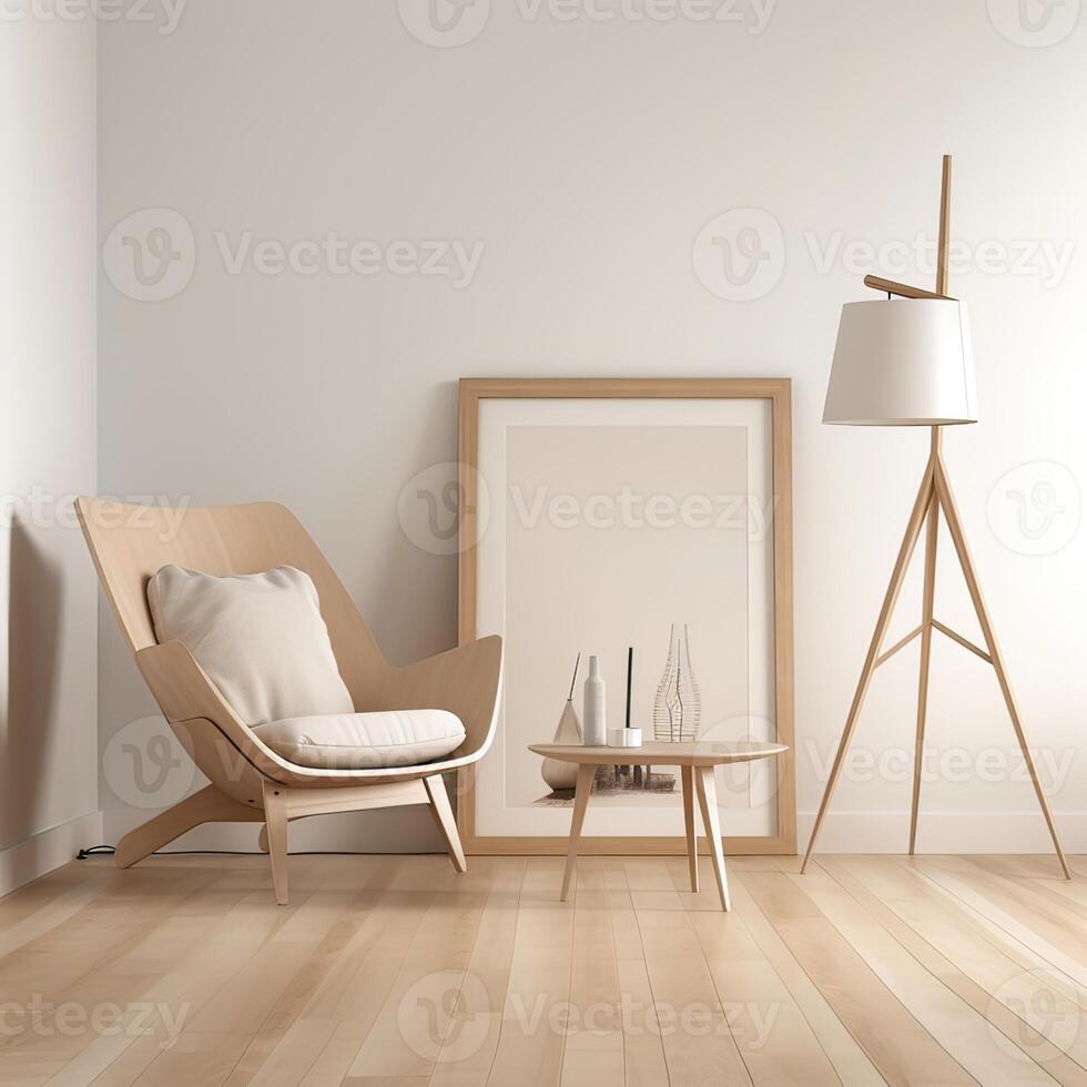 falsk upp ram i Hem interiör bakgrund, vit rum med naturlig trä- möbel, scandi-boho stil. generativ ai foto