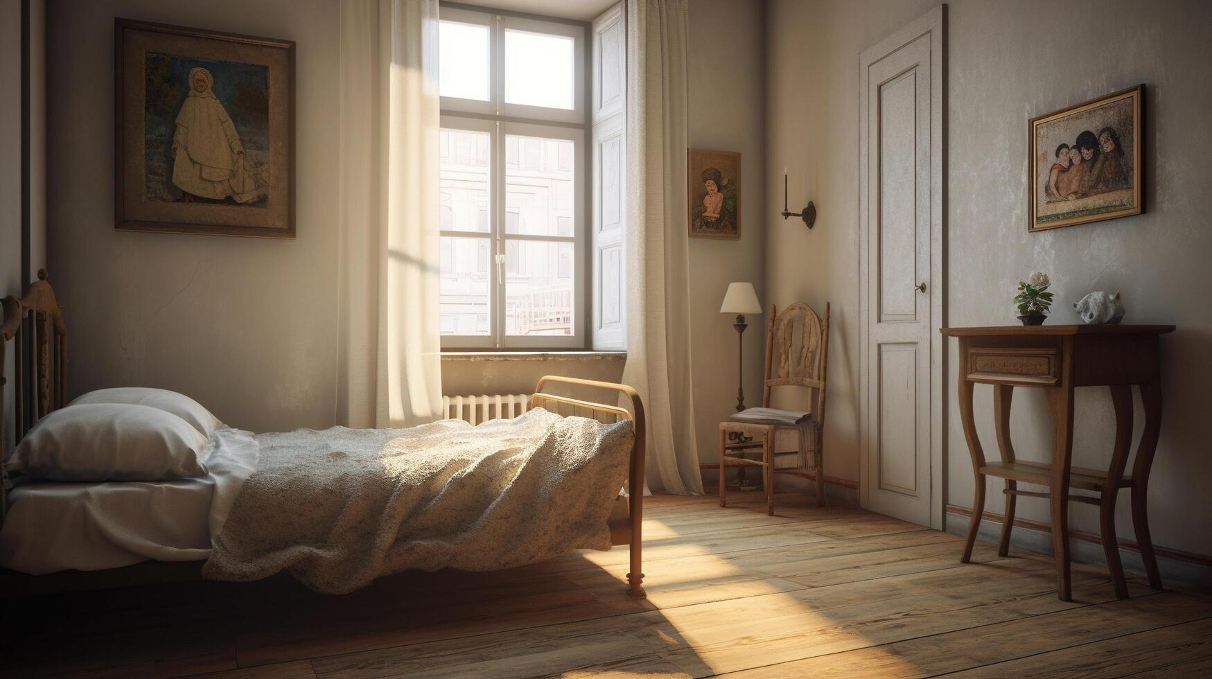 skön rum interiör med säng ai genererad foto