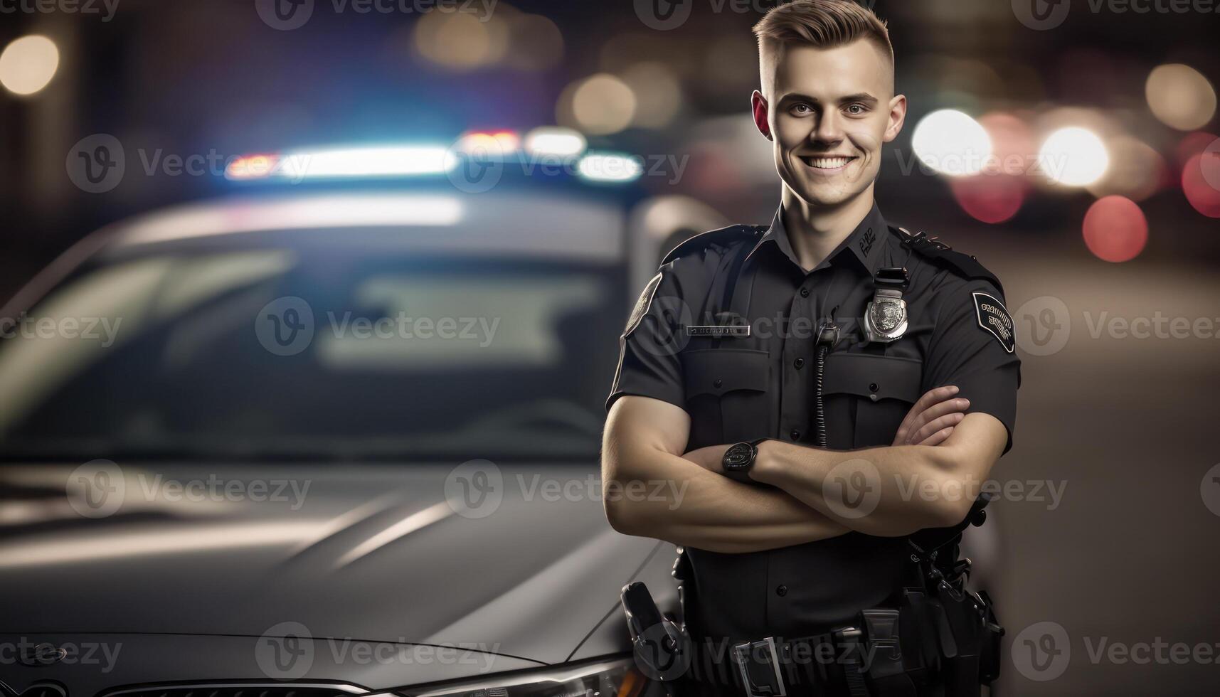 en skön leende ung manlig polis bredvid av en suddigt trafik ljus och polis bil bakgrund ai genererad foto