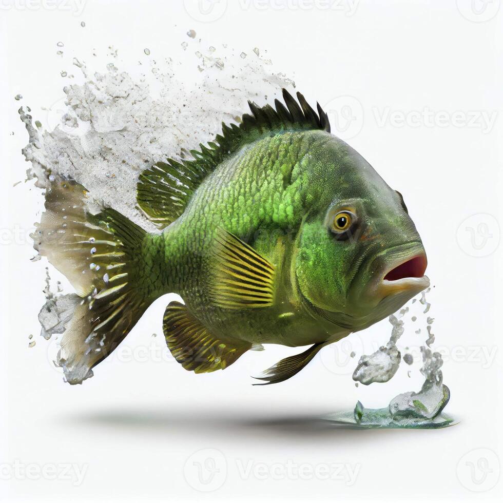 ett ultra realistisk grön skräck ciklid fisk den där hoppar förbi stänk på en vit bakgrund ai genererad foto