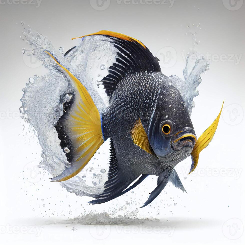 ett ultra realistisk angelfish fisk den där hoppar förbi stänk på en vit bakgrund ai genererad foto