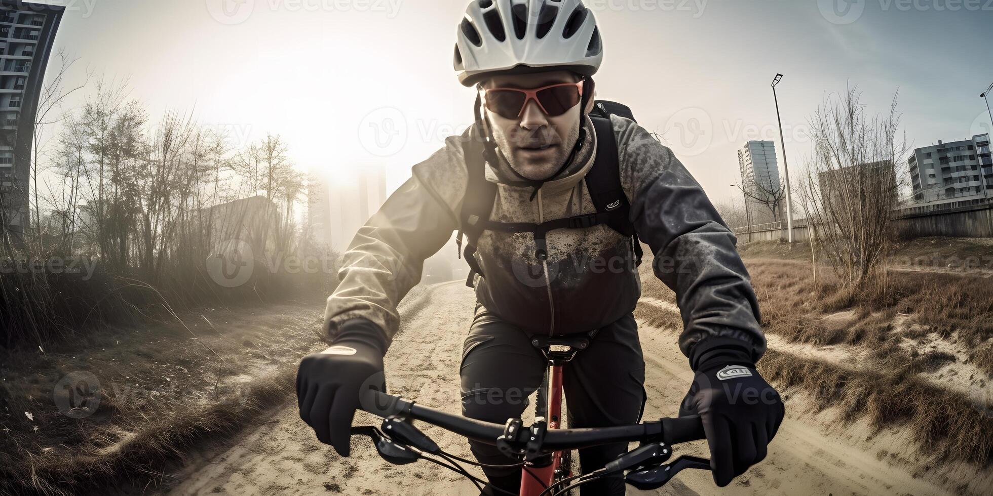 närbild cykel ryttare ansikte på en berg cykel, ai genererad foto