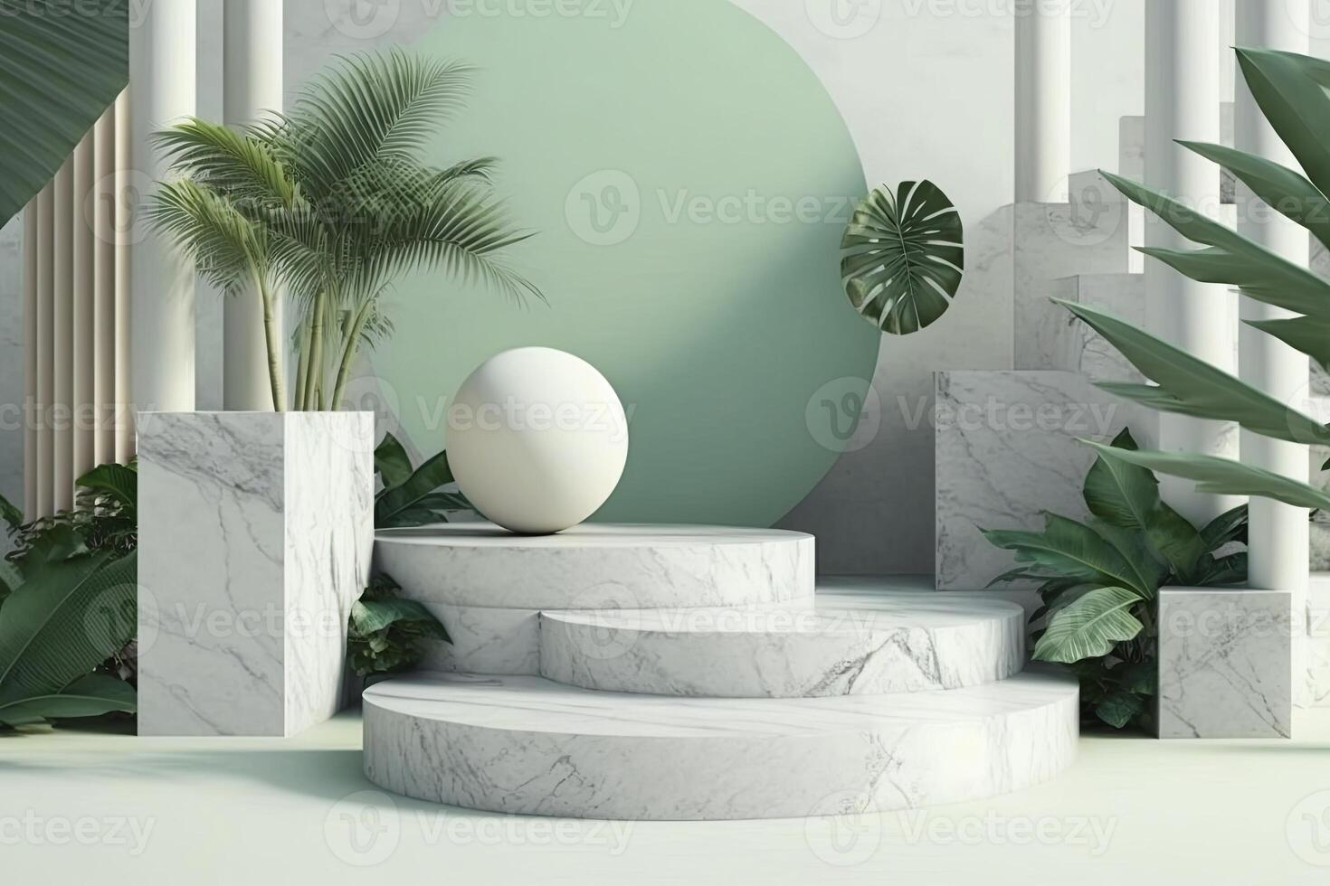 marmor piedestal med växter och organisk toner. generativ ai foto