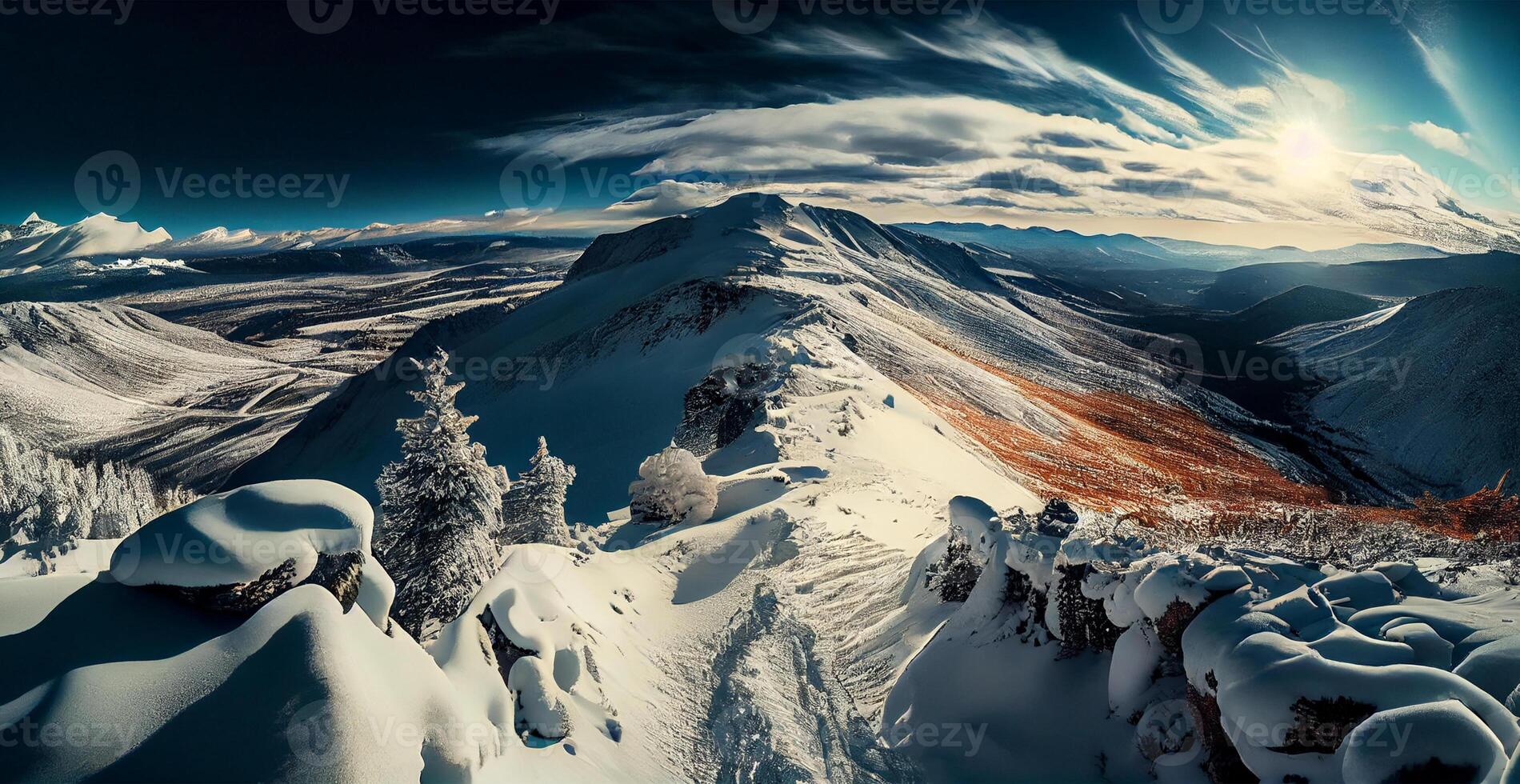 vinter- panorama snöig berg, snötäckt toppar - ai genererad bild foto