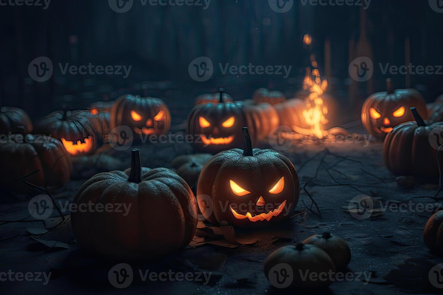 halloween läskigt bakgrund, skrämmande pumpor med rök i gammal stor kuslig spöken hus inuti stor tömma dimmig rum. kuslig oktober mörk rökig mystisk bakgrund begrepp. generativ ai. foto