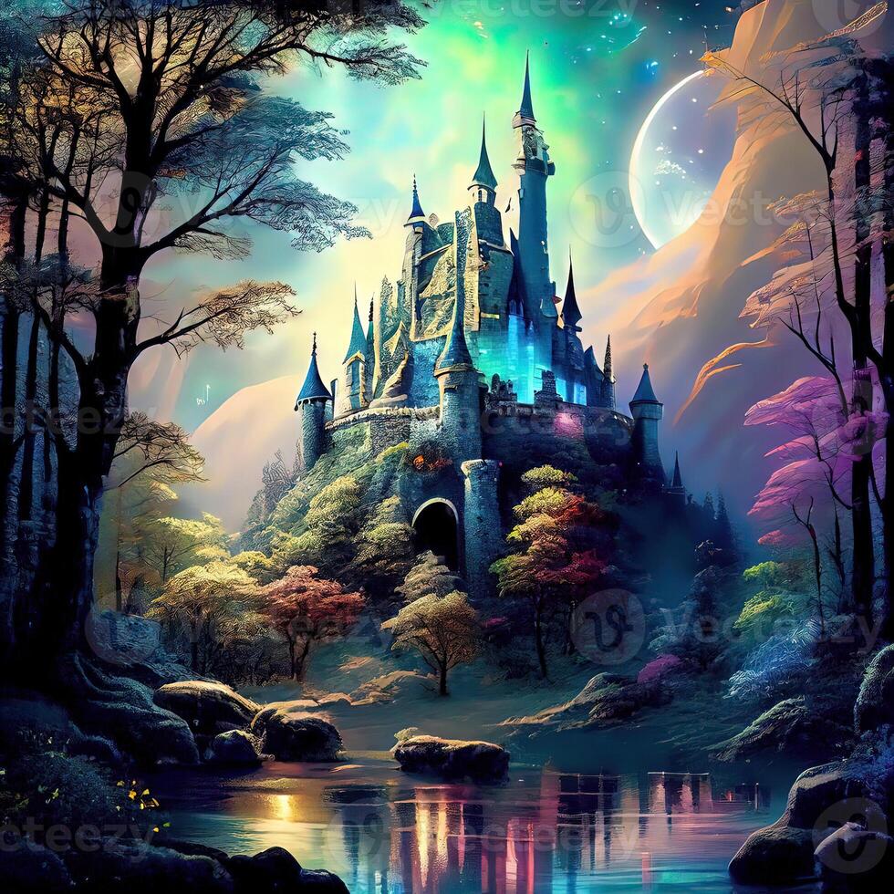 fe- berättelse magisk slott - ai genererad foto