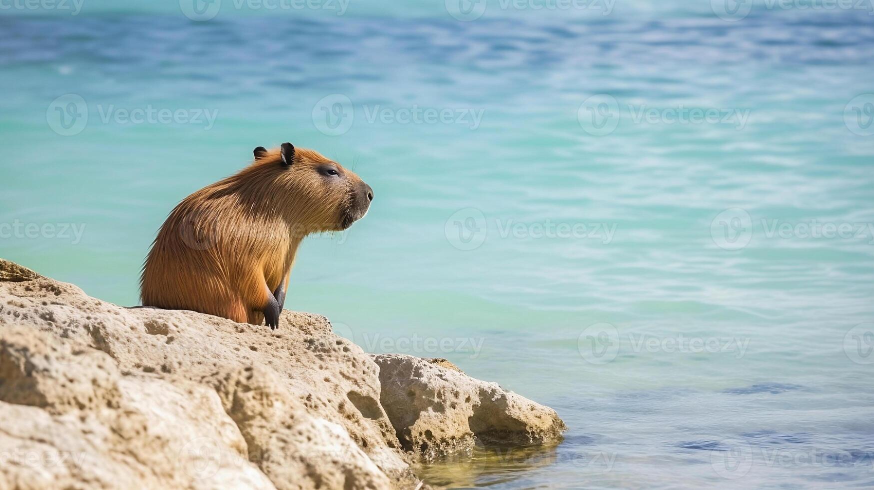 ai genererad söt capybara vilar på klippig Strand av hav eller flod djur tema hydrochoerus hydrochaeris generativ ai foto
