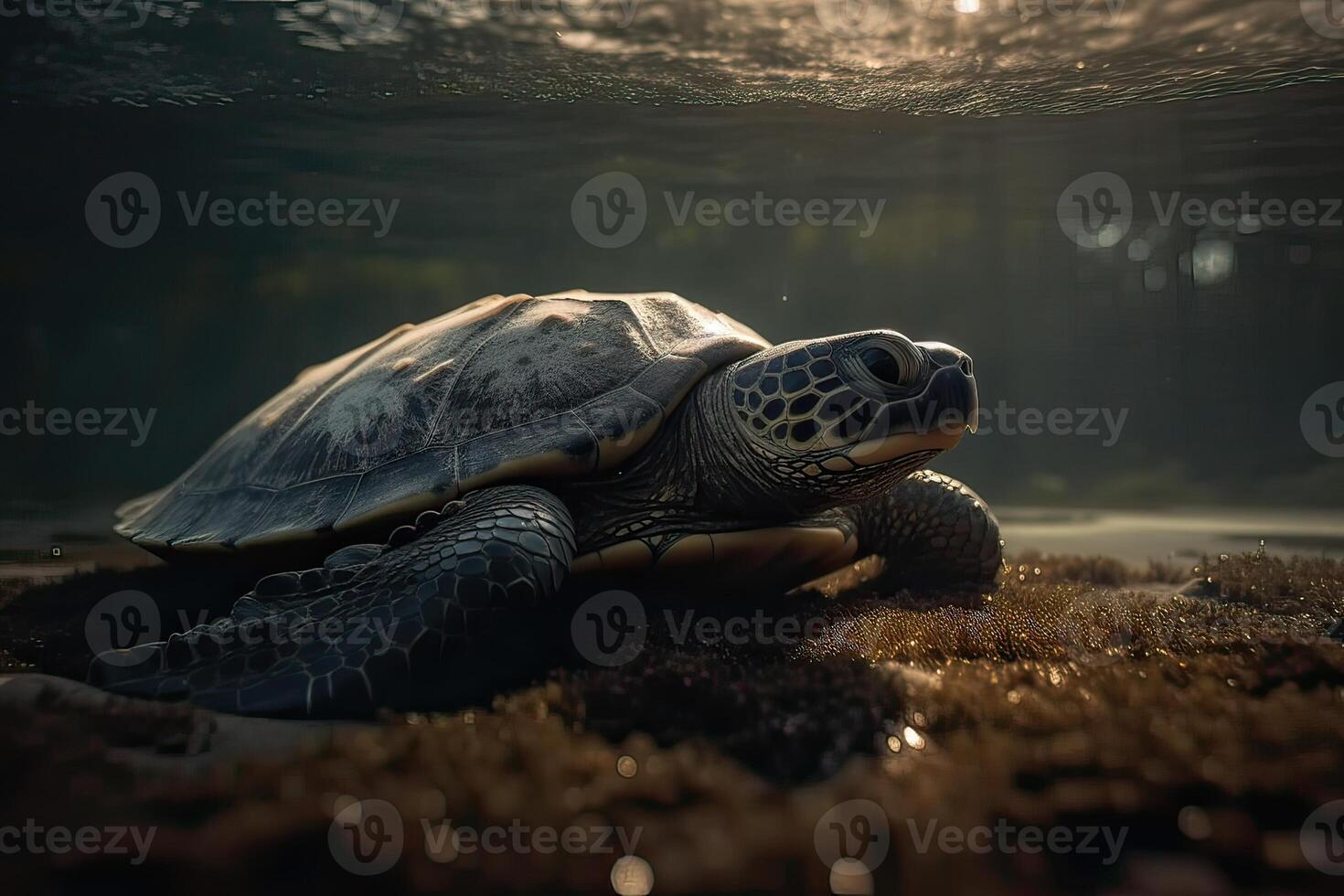 skön under vattnet vykort. maldivian hav sköldpadda flytande upp och över korall rev. loggerhead i vild natur livsmiljö. generativ ai. foto