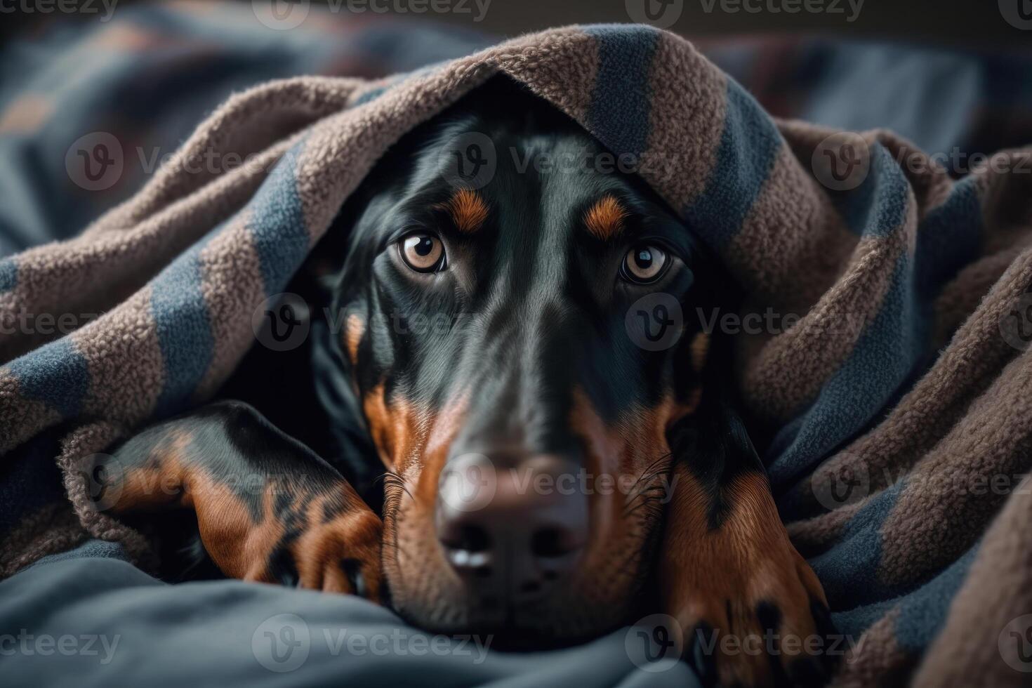 en ung doberman hund under en filt. de sällskapsdjur är sola under de pläd. de begrepp av omtänksam för sällskapsdjur. generativ ai. foto