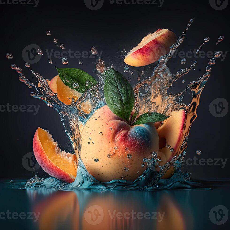 naturlig uppfriskande persika frukt med stänk av vatten. generativ ai. foto