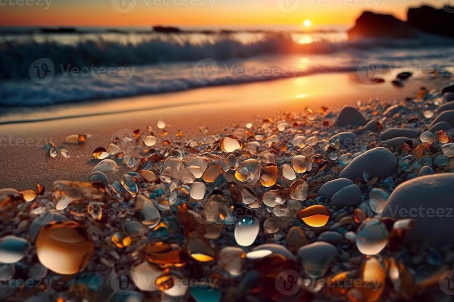 skön strand på solnedgång full av hav glas strand småsten, sandstrand och skal i de kust bakgrund hav vågor solnedgång och himmel. generativ ai foto