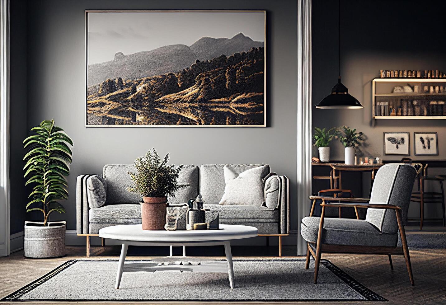 modern levande rum interiör med soffa, kaffe tabell och växter. 3d tolkning generativ ai foto