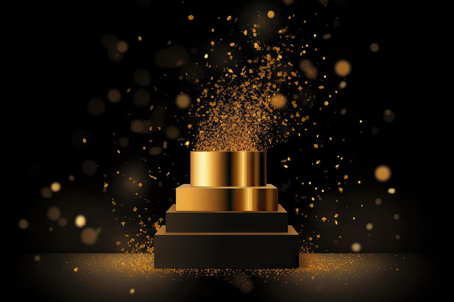 gyllene podium med en strålkastare på en mörk bakgrund, faller gyllene konfetti, först plats, berömmelse och popularitet foto