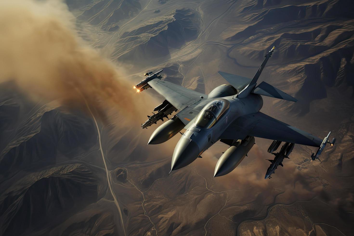 antenn hög se av en generisk militär kämpe jet går över över en mål bombning plats under en särskild drift foto