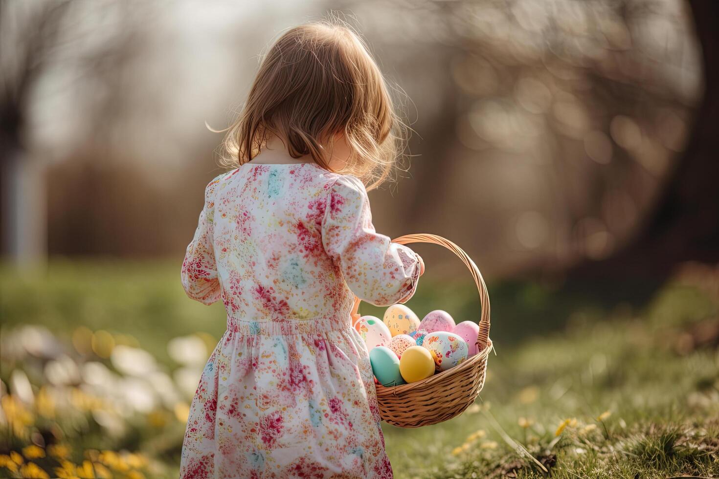 en liten flicka i de bakåtsikt med blond hår, gående med en korg full av färgrik påsk ägg. en söt flicka med ett påsk ägg korg. färgrik och målad påsk ägg i en korg. generativ ai. foto