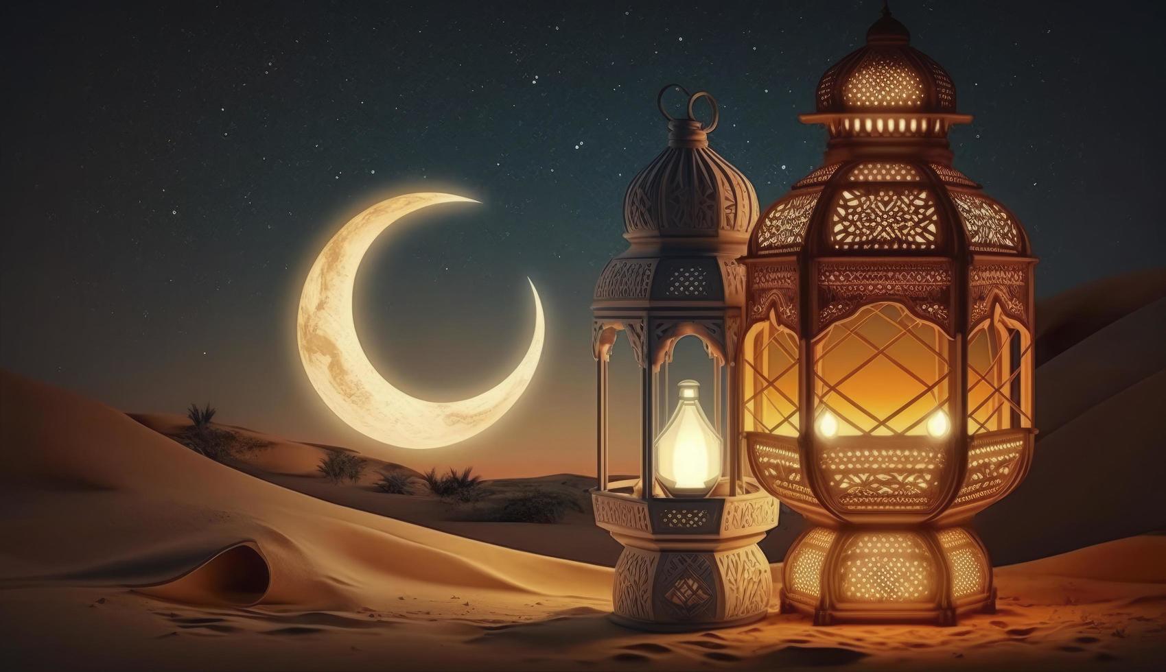 arabien sahara lykta och måne uppstart för hälsning ramadan eller eid mubarak kort, generera ai foto