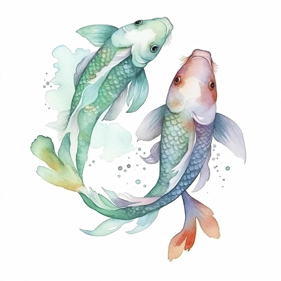 vattenfärg illustration av två mynta koi fisk på vit bakgrund, generera ai foto