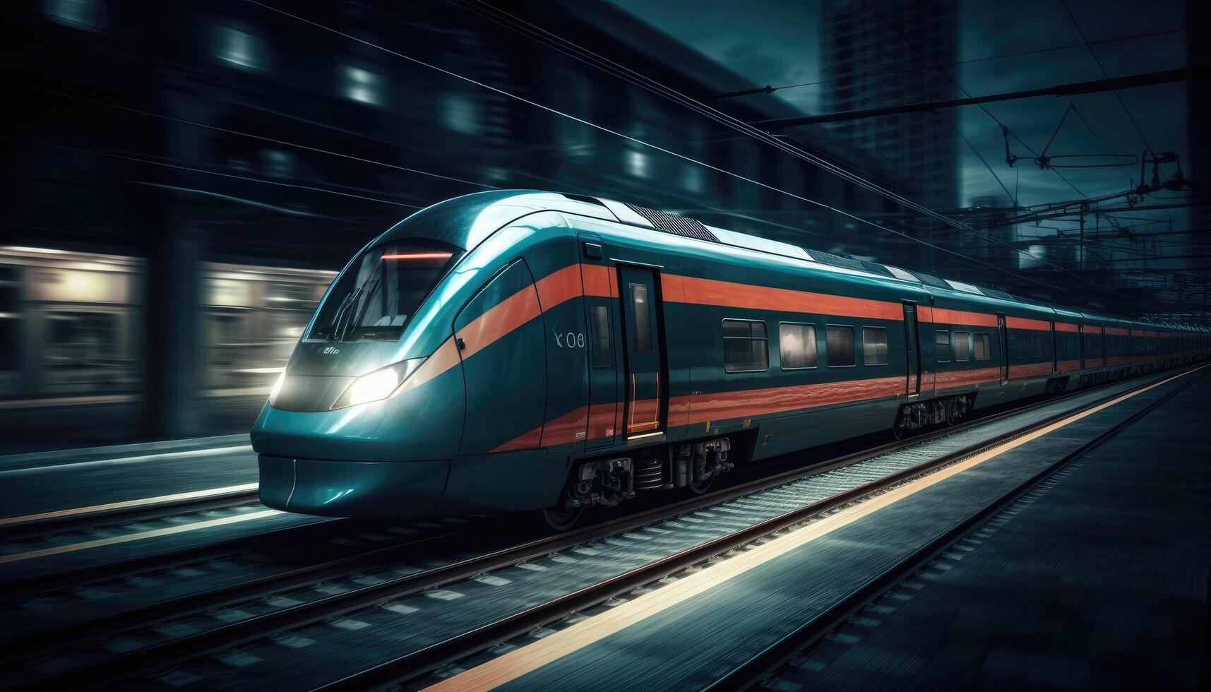 Foto av modern hög hastighet tåg godkänd genom de stad på natt. generativ ai