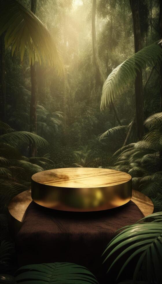 gyllene podium i tropisk djungel för produkt befordran och presentation. generativ ai foto