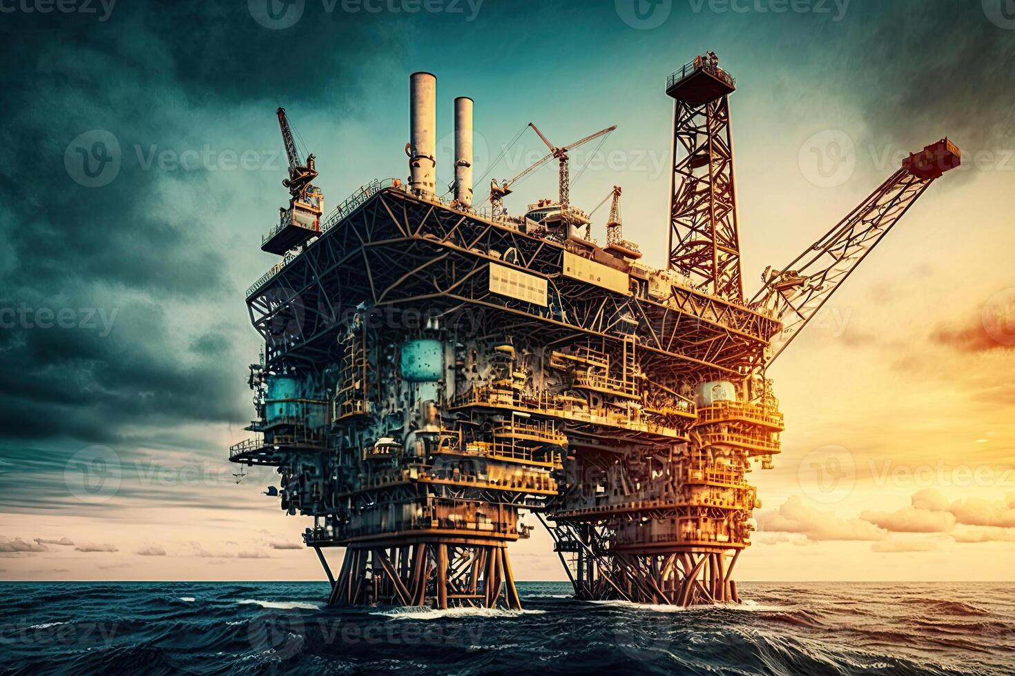 offshore borrning rigg på hav. plattform för olja produktion. olja och gas industri. skapas med generativ ai foto