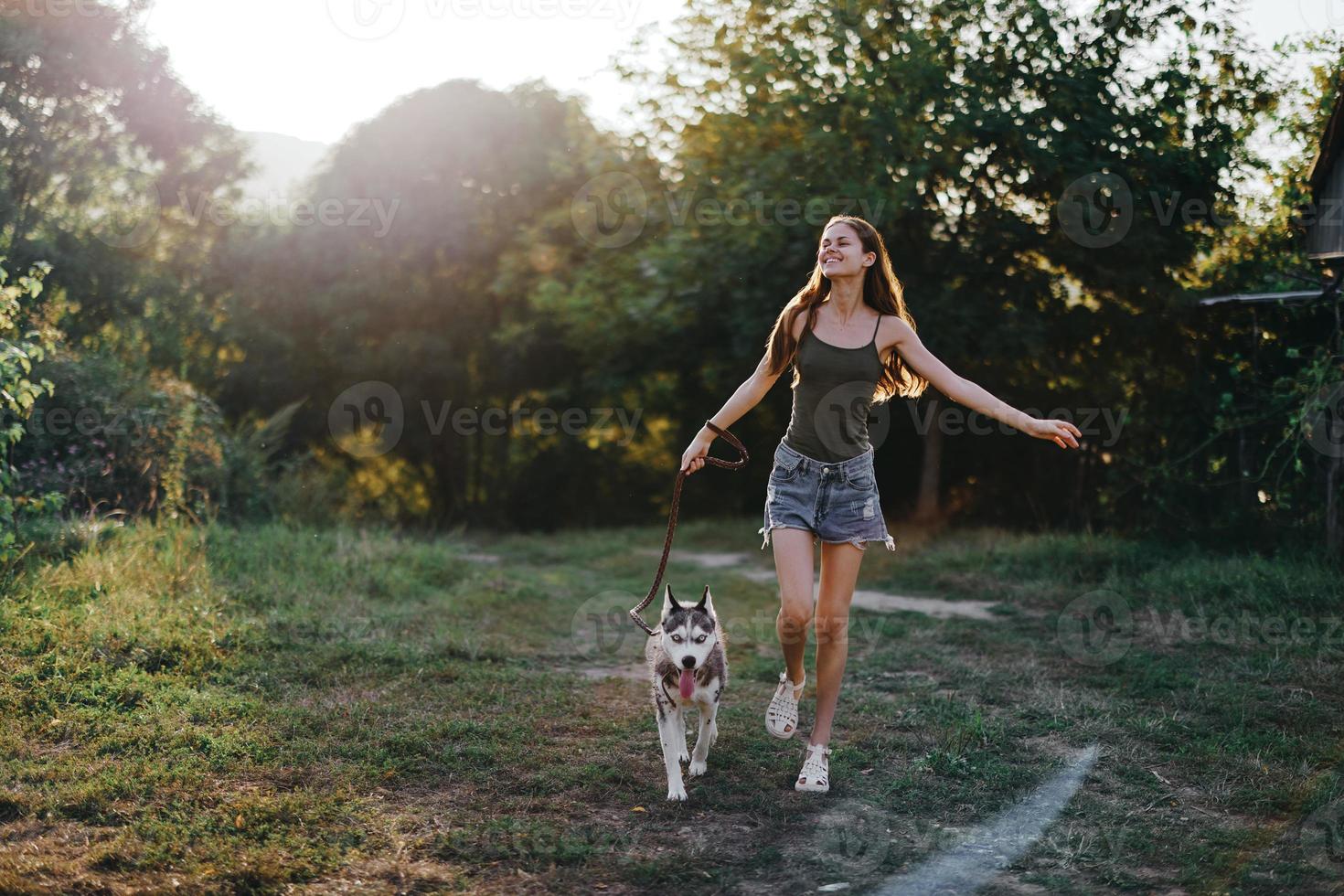 en kvinna kör med en hund i de skog under ett kväll promenad i de skog på solnedgång i höst. livsstil sporter Träning med din älskad hund foto