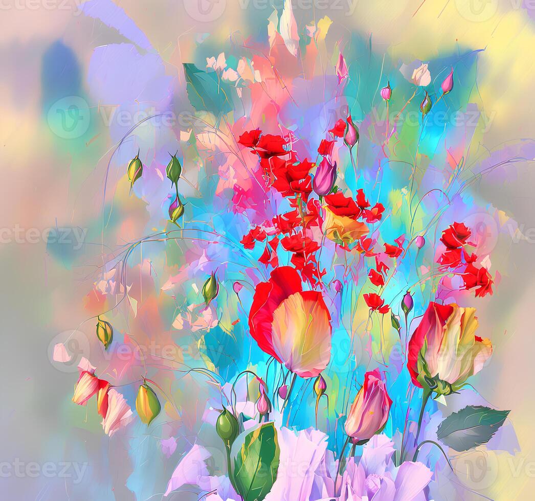 en bukett av färgrik blommar, en lysande blomlandskap, en festlig blommig display, blommig olja målning på duk , fortfarande liv blommor målning, designad med artificiell intelligens, generativ ai foto