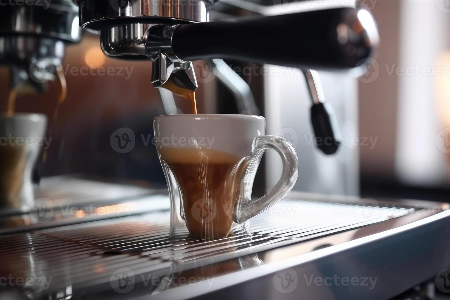 närbild av kaffe extraktion från de kaffe maskin. ai genererad foto