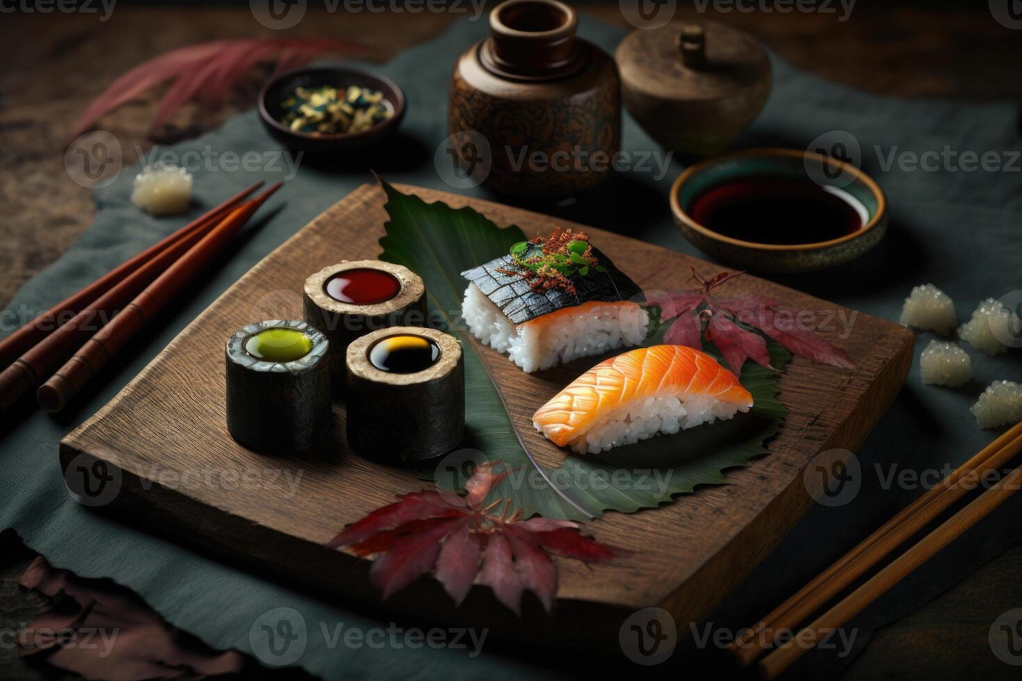 sushi uppsättning styrelse. ai genererad foto