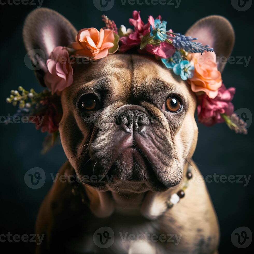 söt bulldogg bär krans av blommor foto