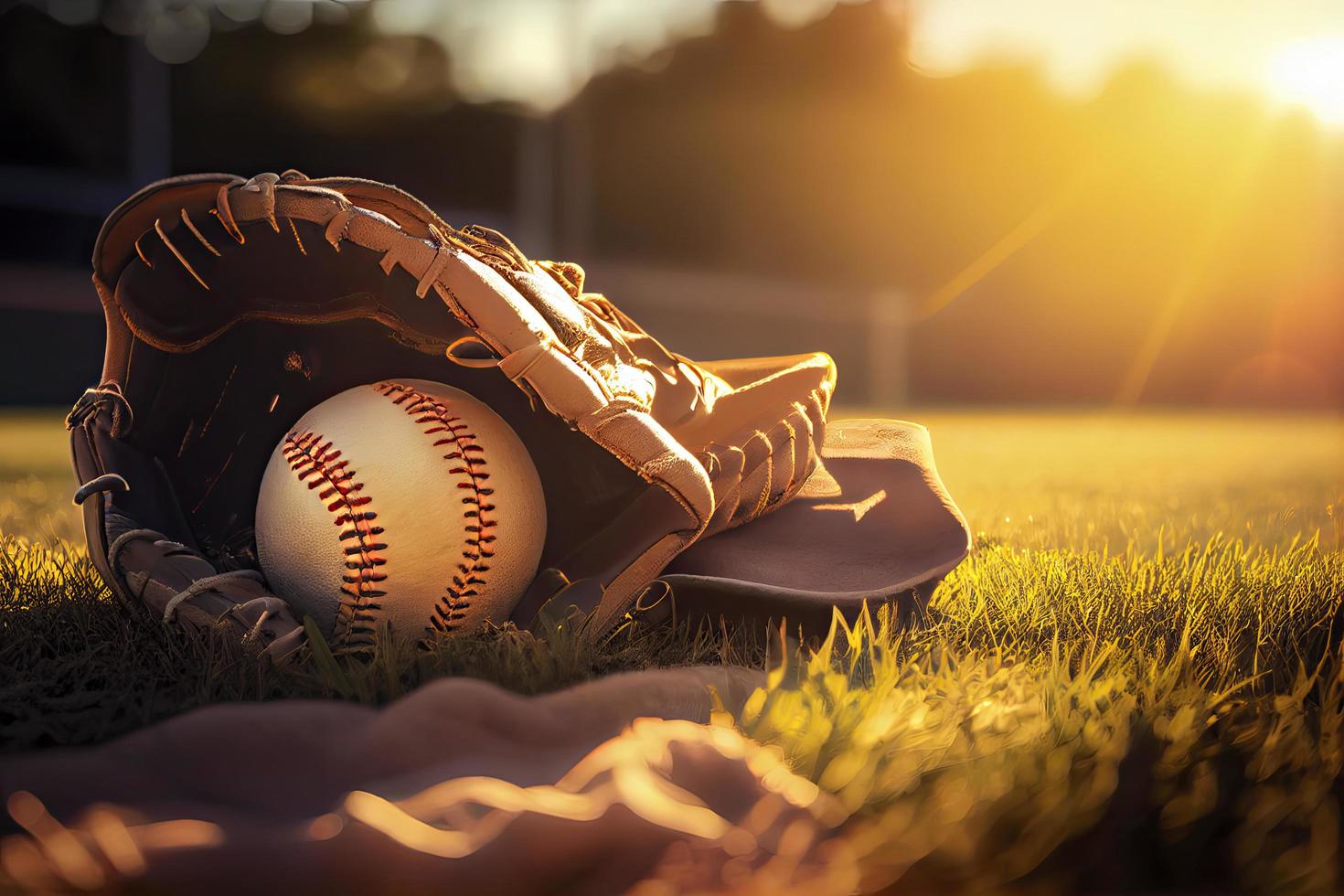 baseboll i handske i de gräsmatta på solnedgång i de kväll dag med Sol stråle och lins blossa ljus foto