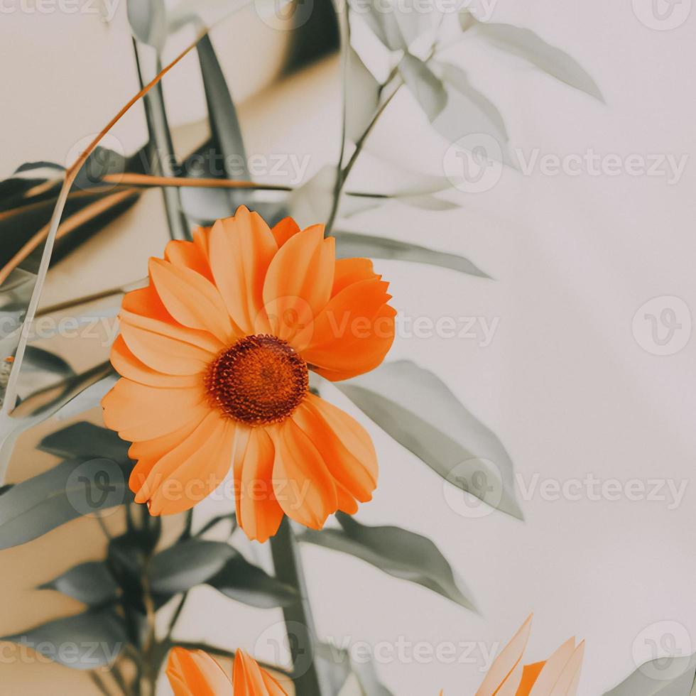 estetisk orange blomma med löv. retro färger, minimalistisk sammansättning foto