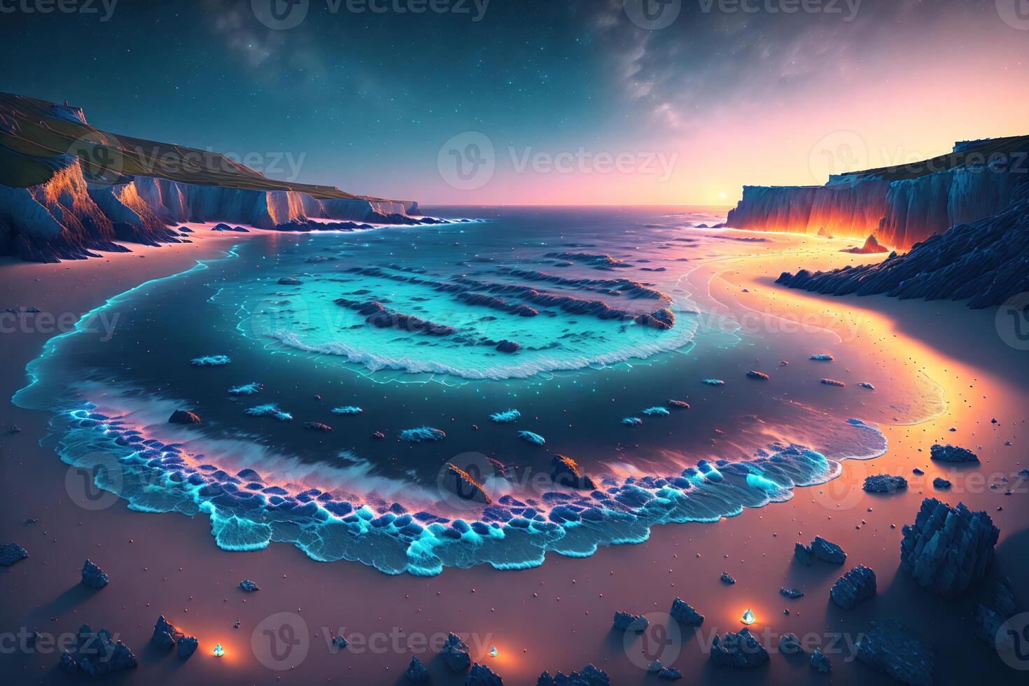 de cornish kust bioluminescerande hav förbi ai genererad foto