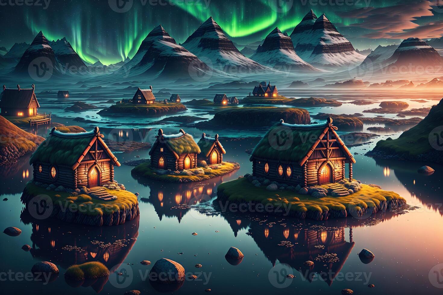 viking hus i en viking landskap nordlig lampor i de mörk förbi ai genererad foto