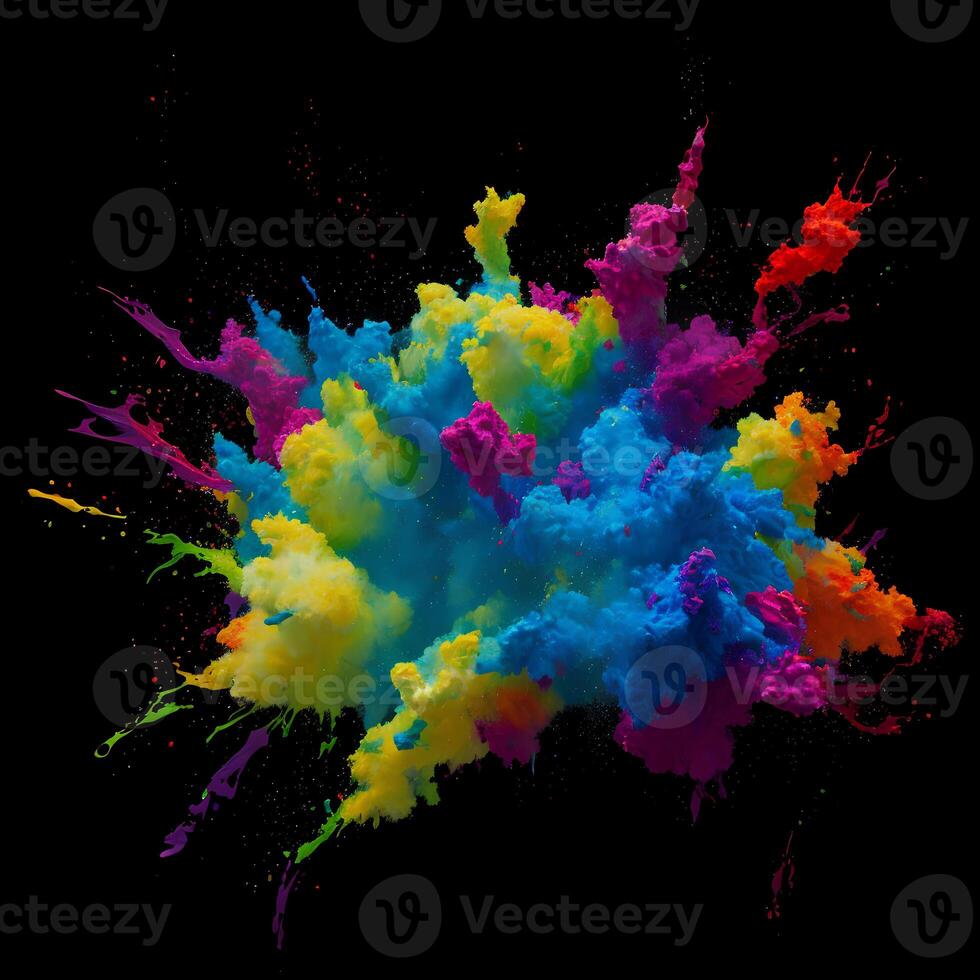 flerfärgad måla explosion, måla spridning explosion av färgrik moln, damm moln exploderande på svart bakgrund, designad med artificiell intelligens, generativ ai foto