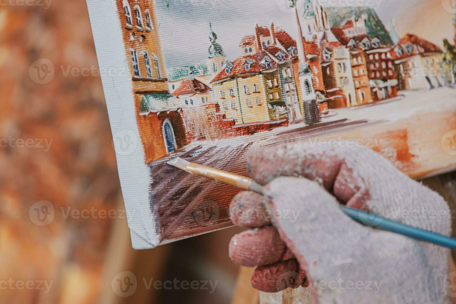 målning från gammal stad av Warszawa i polen under målning i närbild foto