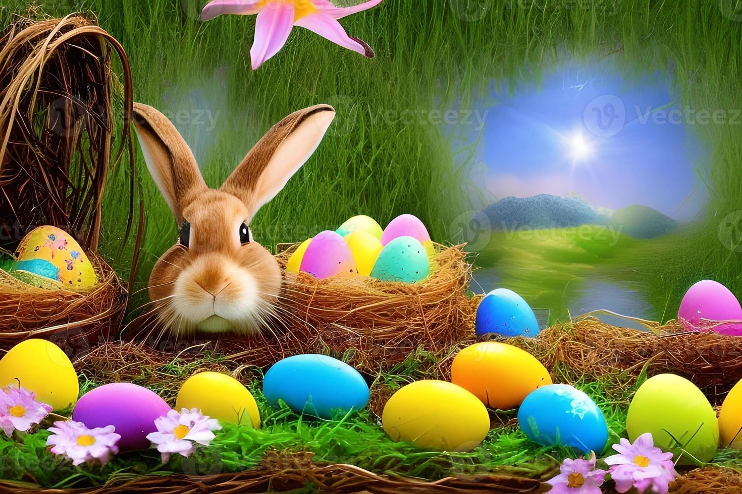 påsk bakgrund, Lycklig påsk bakgrund, påsk dag bakgrund, påsk kanin, påsk ägg, ai foto