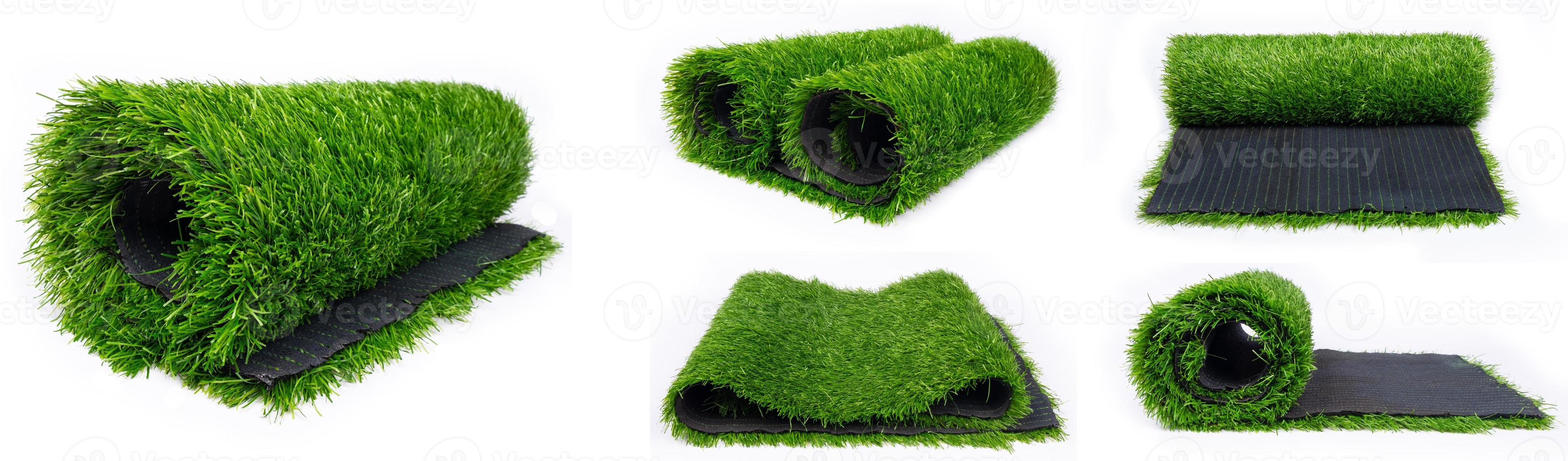 collage av rullar av konstgjord plastgräs för idrottsplaner foto