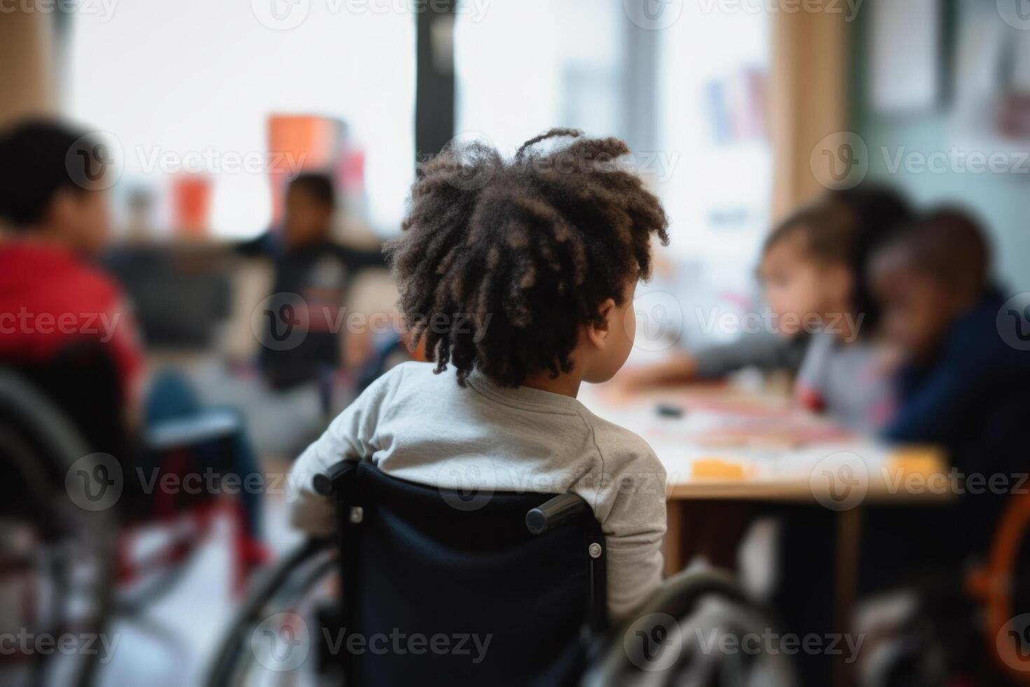 barn Inaktiverad person i rullstolar på skola, inklusive utbildning generativ ai foto