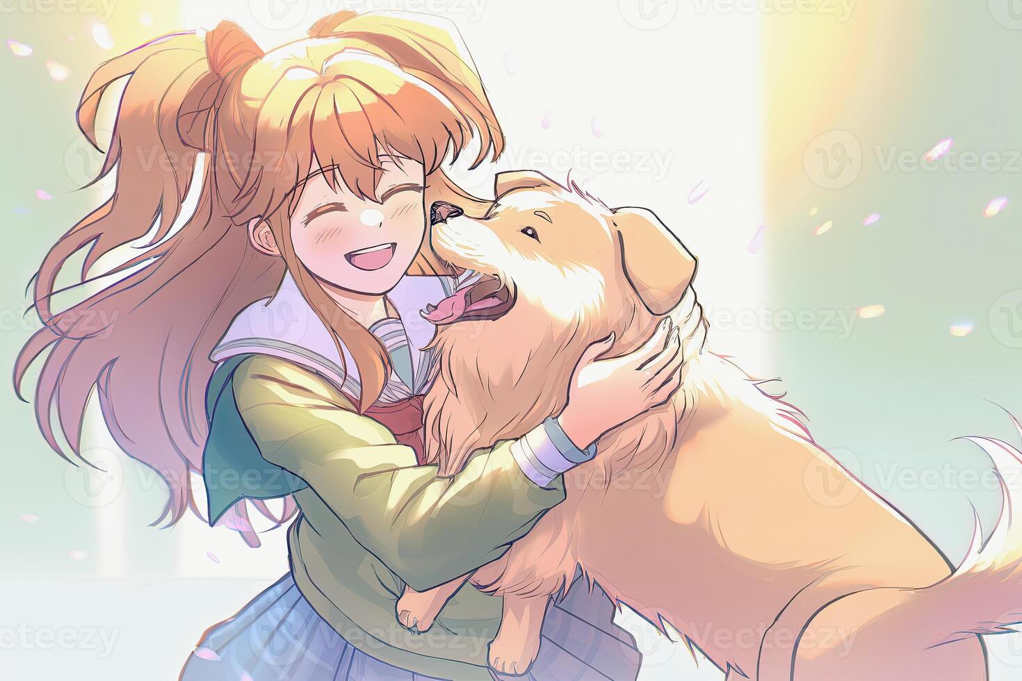 generativ ai illustration av ett anime flicka och henne hund foto
