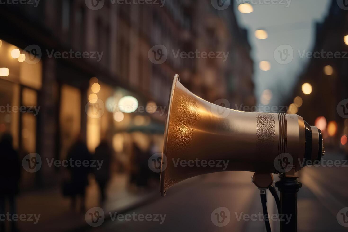 en megafon mde av guld i de bakgrund en gata i en stor stad med mjuk bokeh skapas med generativ ai teknologi. foto