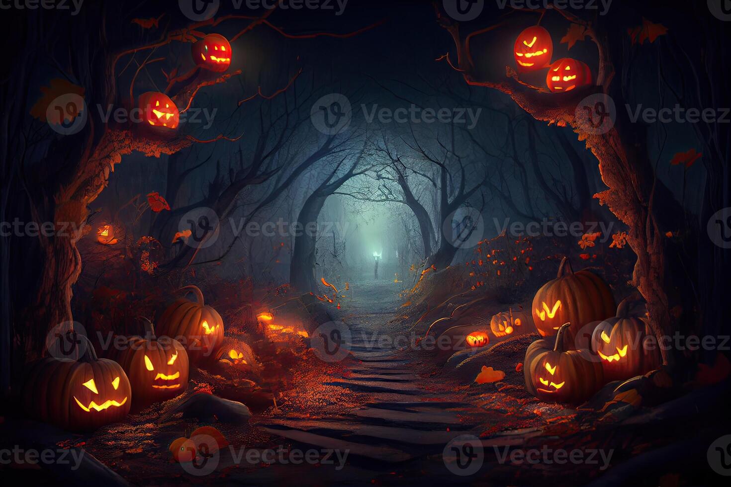 halloween bakgrund. läskigt pumpa med måne och mörk skog. halloween design med copyspace. domkraft o lyktor i läskigt skog på månsken halloween. generativ ai foto