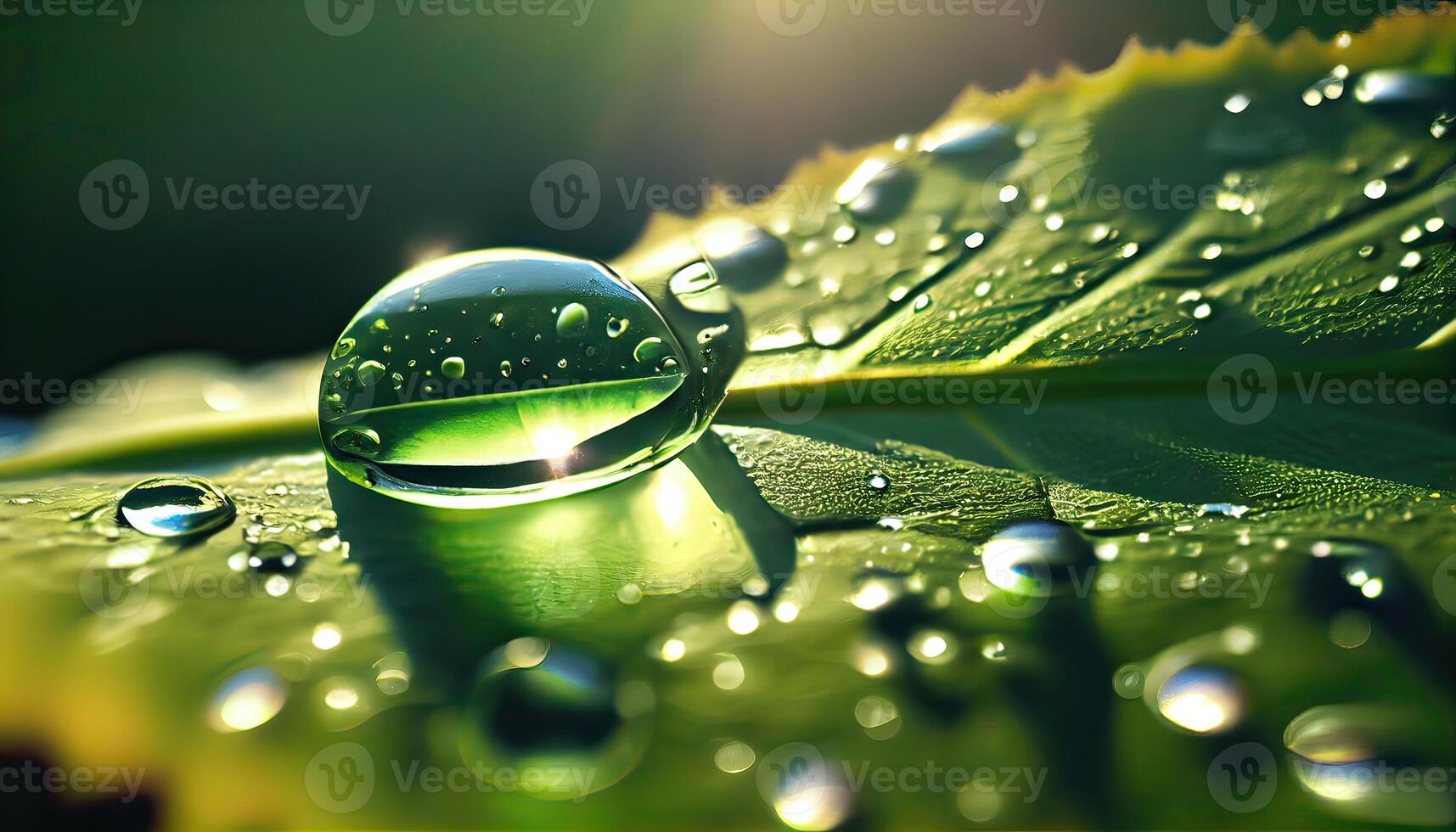 stor skön droppar av transparent regn vatten på en grön blad makro. droppar av dagg i de morgon- glöd i de Sol. skön blad textur i natur. naturlig bakgrund. generativ ai foto